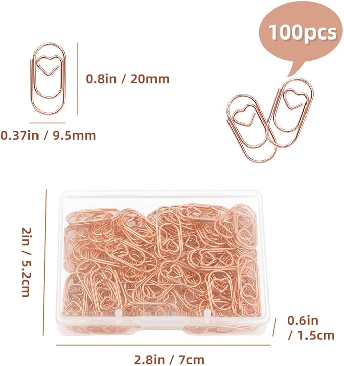 100 Pcs Love Heart Shaped Paper Clips, 0.78inch Cute Mini Paperclips for Office School Home Desk Organizers (Rose Gold)