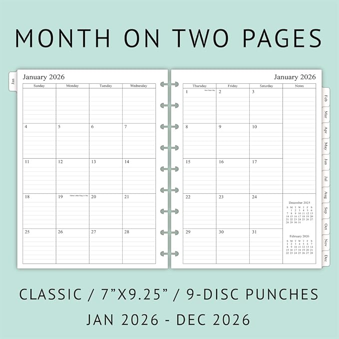 newestor 2026 Planner Refills for Happy Planner Classic Size, Monthly Pages, Jan 2026 - Dec 2026, 9-Disc Punched, 7" x 9-1/4"