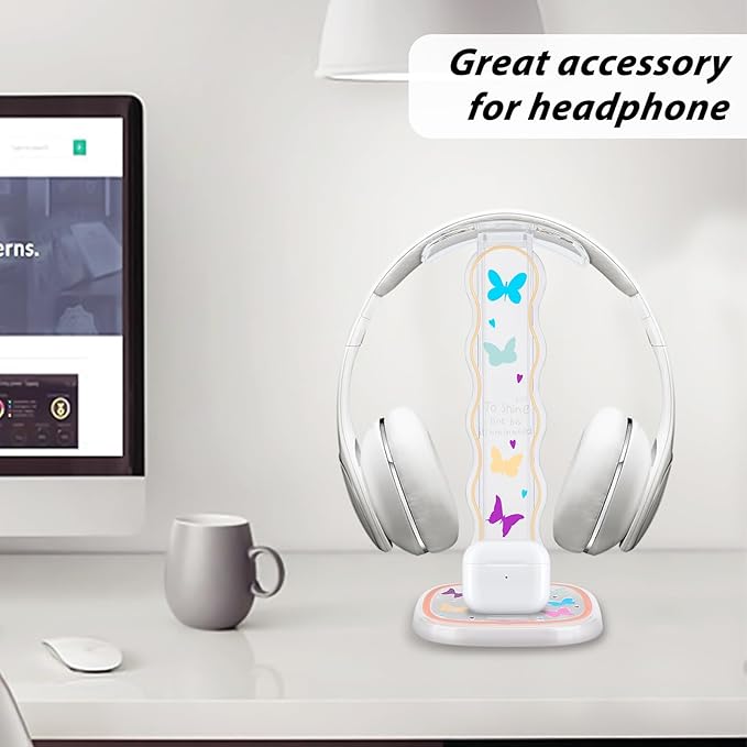 CamyCosy Headphone Stand Gaming Headset Holder for Desk,Clear Colorful Butterflies Pattern Cellphone & Earphone Stand Desk Accessories for All Headphones Size