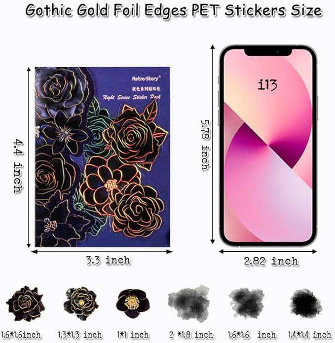120 Pieces Gothic PET Stickers for Journaling Adults, Black Rose Flowers with Gold Foil Edges, Floral Sticker for Scrapbooking, Junk Journal, Bujo, Collage, Planners, Card Making