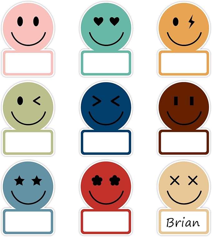 Whaline 135 Pcs Boho Smile Face Name Tags Dark Color 9 Design Nameplate Sticker Classroom Bulletin Board Label Decals for Back to School Desk Wall Message Board
