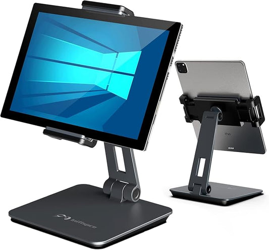 iPad Holder Stand, Heavy Aluminum Alloy Multi-Angle Foldable Tablet Stand Holder for 4.7''- 13'' Screen Surface Pro Series, iPad Series, Pro, Mini, Air, Samsung Galaxy Tabs and More (Dark Grey)
