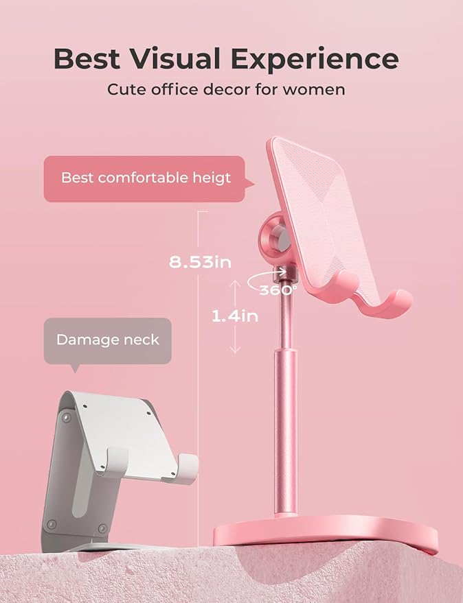 LISEN Pink Gifts Home Room Decor, Cute Phone Stand Desk Accessories for Women Office Supplies, Pink Kitchen Decor for iPhone Women Teen Girls Kawaii Essentials Vanity Decor Fits Switch iPad 4-10in