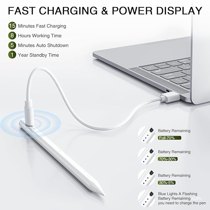 Stylus Pen for iPad 2018-2025, 15 Mins Fast Charging Magnetic Pencil (1st Generation) with Tilt Sensitivity & Palm Rejection for iPad 6-8/9/10/11, Air 3/4/5/M2/M3, Mini 5/6/7, Pro 11/12.9/M4/M5