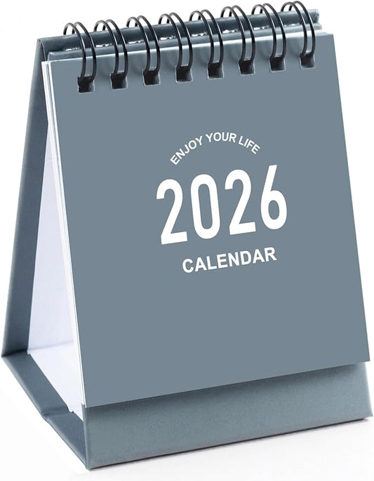 Mini Desk Calendar 2026-2027 - Use January 2026 to June 2027, Small Desktop Calendar Thick Paper Twin-Wire Binding with Stickers for Home Office School (Mini Grey)