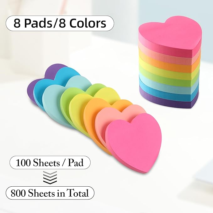 Heart Sticky Notes 8 Colors 100 Sheets/Pad, 800 Sheets Colorful Self-Stick Note Pads Stationary Cute Desk Accessories Office School Teacher Supplies Teacher Gifts