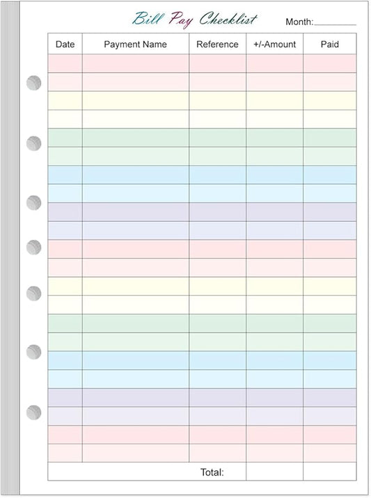 Payment Checklist Refills Paper for Mini 3 or 7 Ring Binders - 50 Sheets/100 Pages Colorful Monthly Budget Forms, 7 Hole Punched/Desk Size 4, 100 gsm White Paper, 5.8" x 8.3"