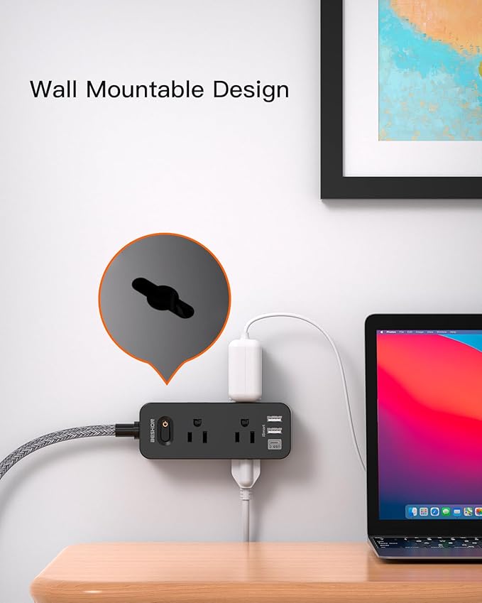 Extension Cord 25FT, BESHON Power Strip Surge Protector, 6 Outlets with 3 USB Ports(1 USB C Outlet), 3-Side Outlet Extender, Wall Mount, Compact for Travel, Home, College Dorm Room, and Office, Black