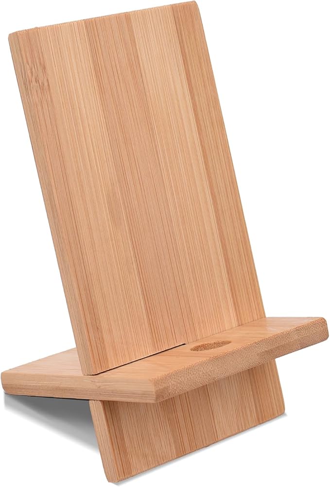 Mobile Stand Japanese Style Cellphone Holder Desktop Organizer Charging Station Compatible with All Smartphones Tablets Natural Bamboo Wood Portable Adjustable Angle (Plain-Hole)