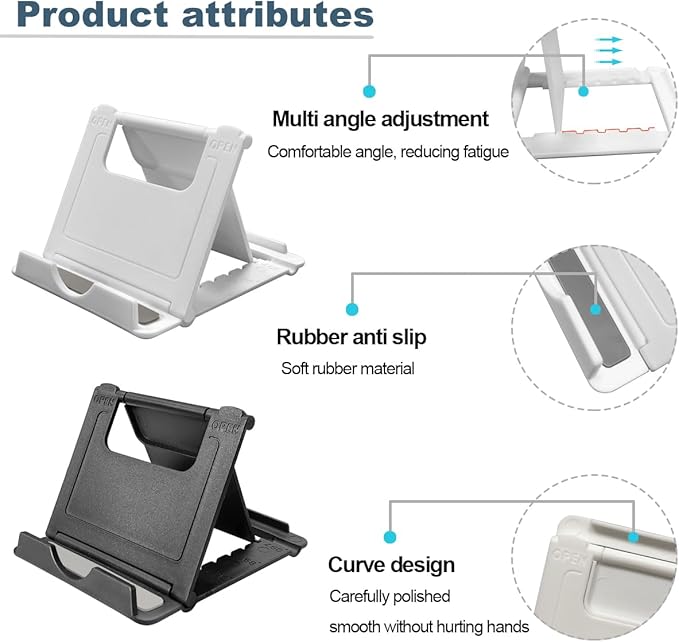 POQOD 2 Pack Cell Phone Stand, Foldable Phone Holder for Desk Compatible with Phone 15 14 13 12 11 Pro Xs Xs Max Xr X 8, Nintendo Switch, All Phones, Black & White