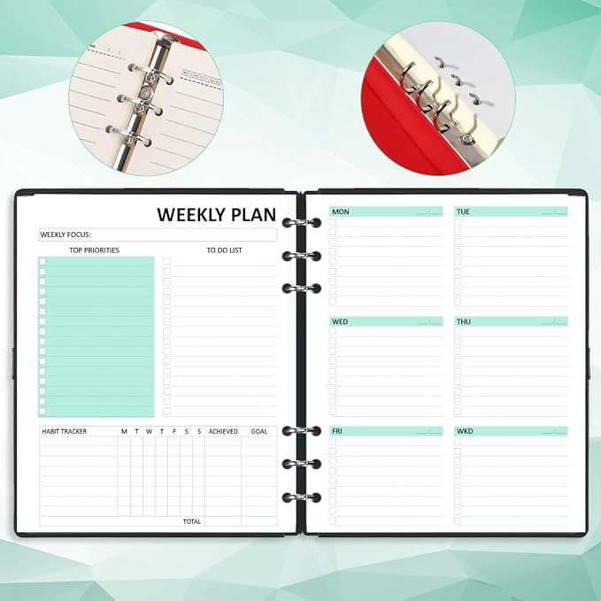 Undated Weekly Planner Refills for A5 Planner Binder - 53 Sheets/106 Pages Undated Colorful Weekly Planner Inserts, 6-Hole Punched, Weekly Plan (Left), Daily Details (Right), A5 Planner Inserts, Lasts 1 Year, Undated, 5.8" x 8.25"