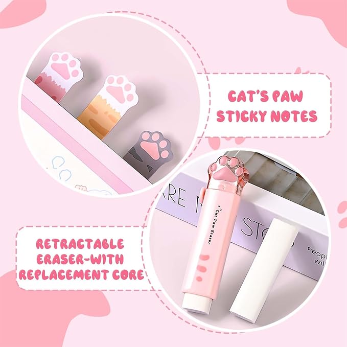 Cat Stationery Set, Cute Stationery Kawaii Retractable Erasers for Kids, Correction Tape Aesthetic, Cat Paw Ruler 15cm, Cute Pens, Sticky Notes Cute, School Supplies for Girls (White)