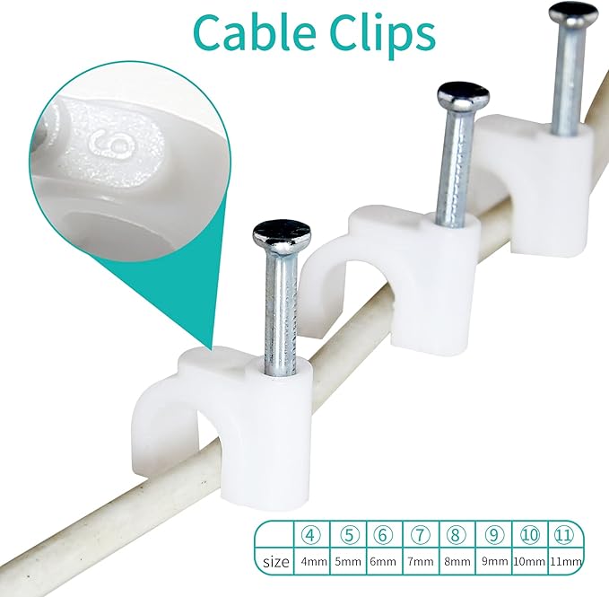 100Pcs Nail Cable Clips with Steel Nail, 6mm White Cable Wire Management Clips for Ethernet Cable, Telephone Cable, TV Wire Cable, Print Cable