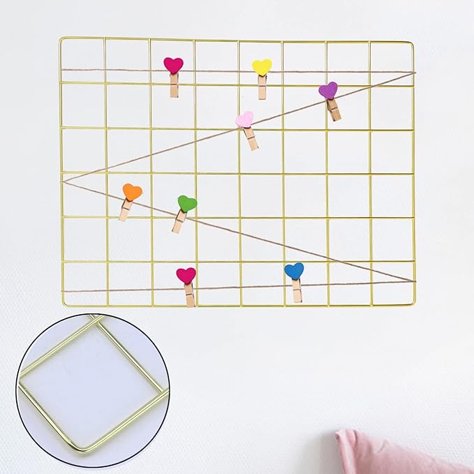DIJIAHUA 2 Pack Wall Grid Panel Wire Photo Wall Pictures Display Board with Accessory Wall Storage Organizer Memo Board Over Desk Décor for Home, Office and Dorm (Gold)