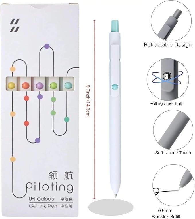 5-Pack White Barrel Gel Ink Pens with Macaron Button Colors, 0.5mm Black Ink Fine Point High-End Series Pens for Smooth Writing, Perfect for Journaling, Note-Taking, Office, and School Supplies