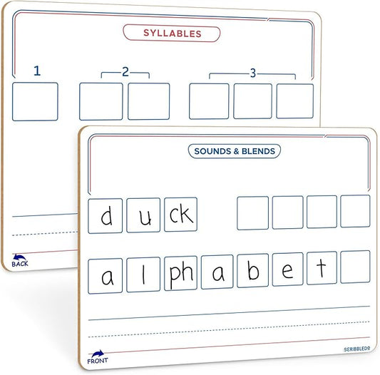 SCRIBBLEDO Elkonin Boxes Dry Erase Board 9x12 Inch Phonics Games Sounds and Blends Syllables Writing Practice Reusable Spelling Words Learn to Read and Write Homeschool & Classroom Supplies