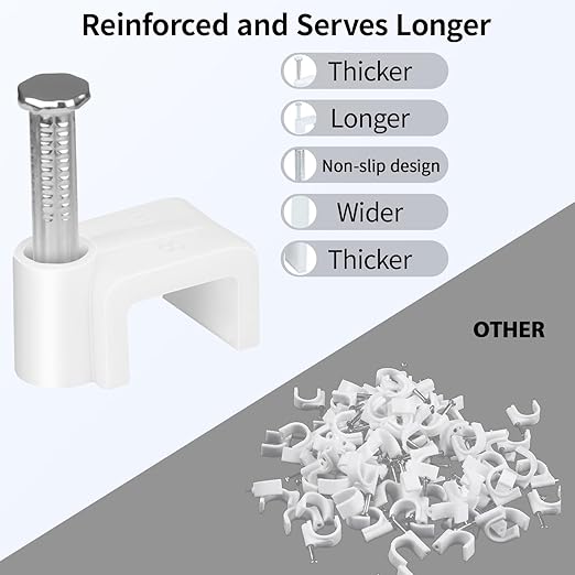 LeMotech Flat Cable Clips, 100pcs 8mm Wire Wall Clips with Steel Nails, Coaxial Nail Clamps for Cable Cord Management CAT5 CAT5e CAT6 CAT7 RJ45 Ethernet Cable Clamps, White