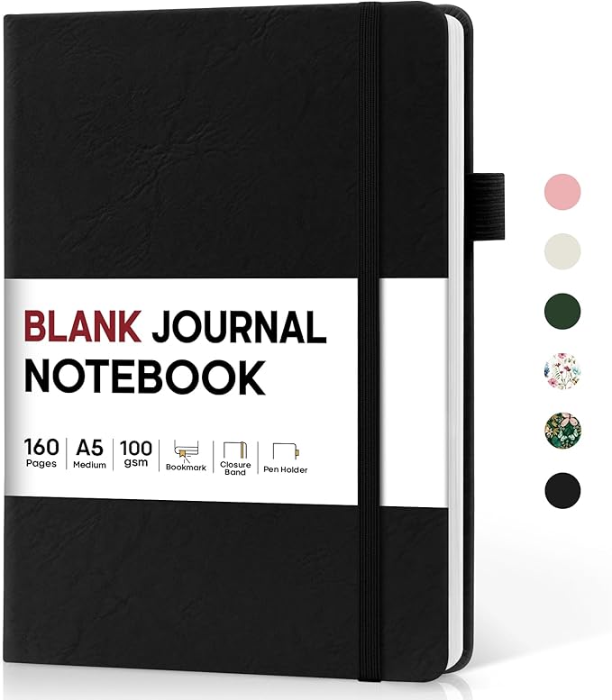 Taja Blank Journal Notebook for Women & Men, Hardcover Leather Journal for Writing, Sketch Book, A5 Plain Paper Notebook for Drawing & Sketching, Perfect for Office School Home Supplies, Black
