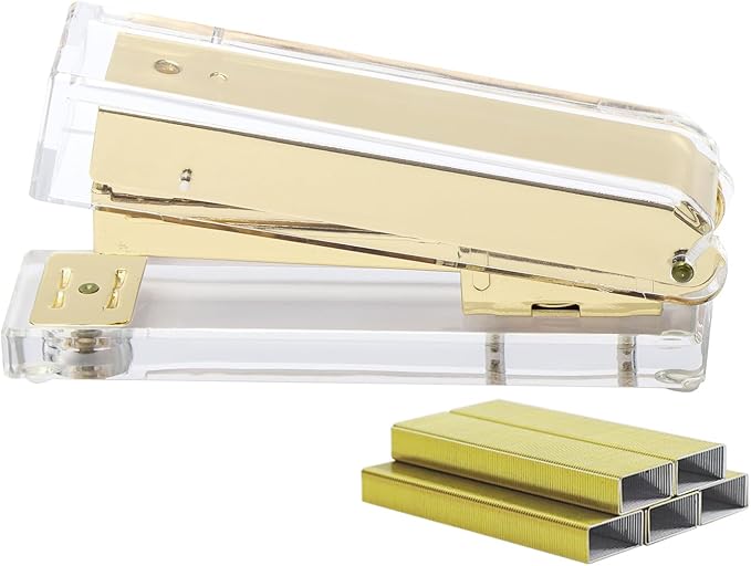 NatSumeBasics Clear Gold Stapler with 1000 Staples, Cute Stapler and 26/6 Staples for Desk Home School Office Stationery Supplies Accessories Decoration (Gold)