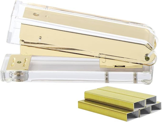 NatSumeBasics Clear Gold Stapler with 1000 Staples, Cute Stapler and 26/6 Staples for Desk Home School Office Stationery Supplies Accessories Decoration (Gold)