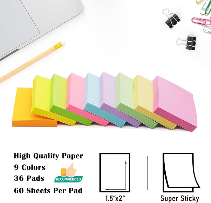 36 Pack Sticky Notes 1.5x2 in Post, 2160 Sheets Post Small Self Sticky Notes Pad Its, 9 Pastel Color Mini Sticky Notes for Office, Home, School, Meeting
