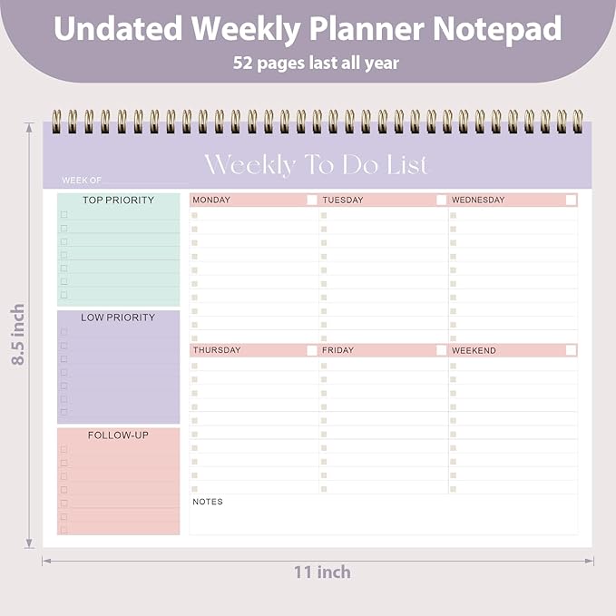 Weekly To Do List Notepad, Undated Planner with 52 Sheets (8.5''x11''), Desk Weekly Planner for Women & Man, Home School & Work (Pack of 2)