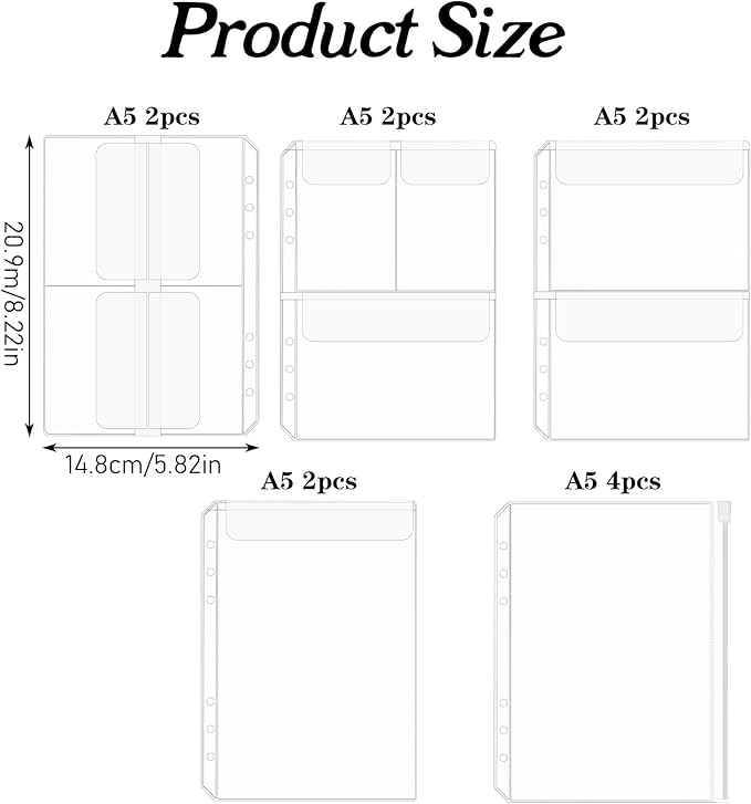 12PCS Clear A5 Binder Zipper Inserts - Premium A5 Binder Accessories with 6 Holes, Binders Inserts Folders for Refillable Planner, Perfect for Travelers Notebook Insert Calendar Organizers