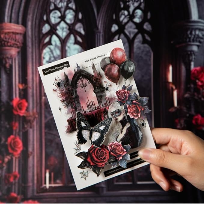 Vintage Goth Stickers for Adults Scrapbooking, 100Pcs Transparent PET Gothic Ball Theme Dark Romance Stickers for Junk Journaling Supplies, Planner, Collage, Scrap Book Supply, Crafts Arts