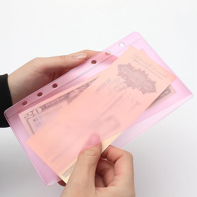 12pcs Pink A6 Binder Pockets Zipless Cash Envelopes Budget Binder Inserts PVC Sheet Protector for 6 Ring A6 Binders Organizer Accessories (Pink)