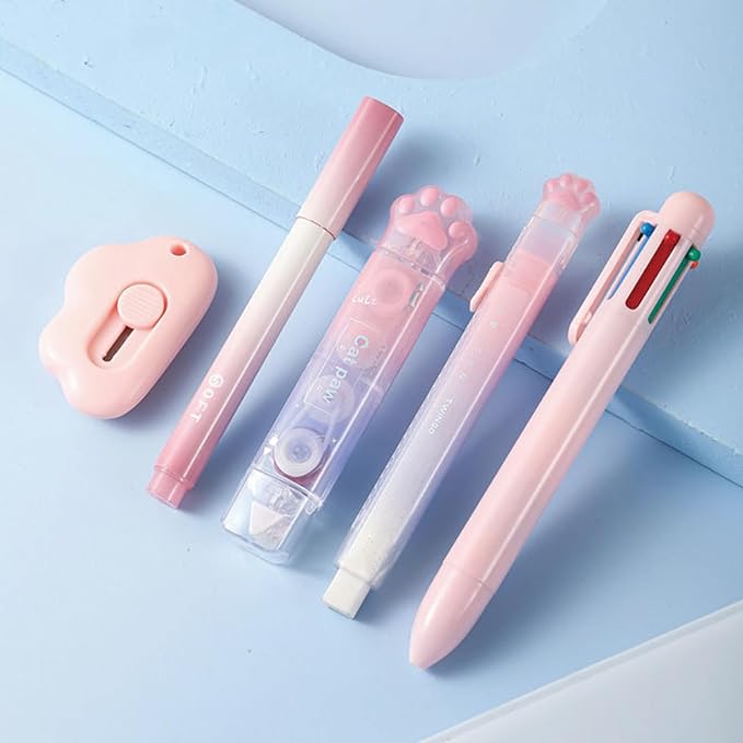 9 Pcs Cute Pink Stationery Set Cat Paw School Supplies Kawaii Office Supplies Including Pens Pencil Sharpener Highlighter Eraser Correction Tape Ruler Utility Knife (Cat Paw-Pink)