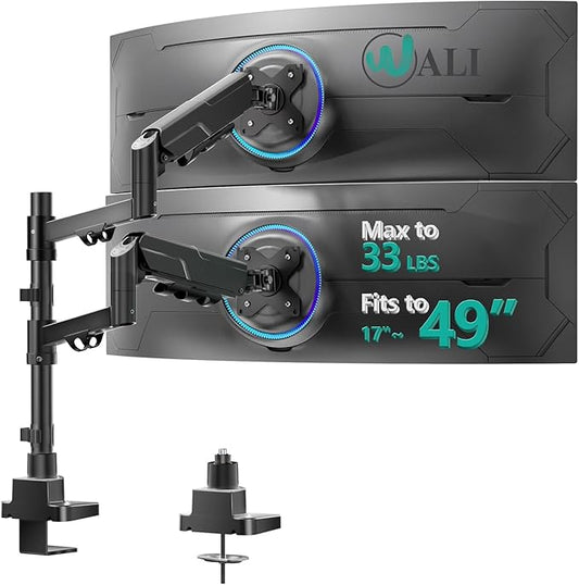 WALI Vertical Dual Monitor Stand for 17-49” Ultrawide Curved Screens, Heavy Duty Stacked Dual Monitor Mount with Tall Pole, Adjustable Gas Spring Monitor Arm up to 33lbs, 75/100mm VESA, Black