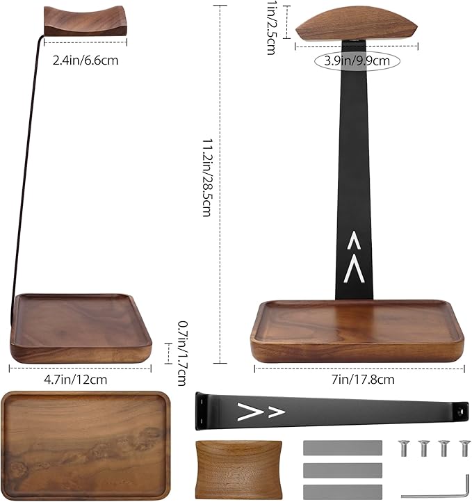 GEVO Walnut Headphone Stand, Wood Headset Stand for Desk, Universal Headphone Holder Gaming Headset Rack with Storage Base Compatible for AirPods Max, Bose, Razer, Sennheiser, Jabra, JBL, AKG