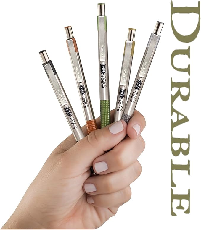 Zebra Pen F-301 Signature Series Retractable Ballpoint Pen, 0.7mm, Black Easy-Glide Ink, Stainless-Steel Barrel with Sage Earth Tone Accents, Ideal for Office, Journal and Planner Use, 4-Pack (27244)