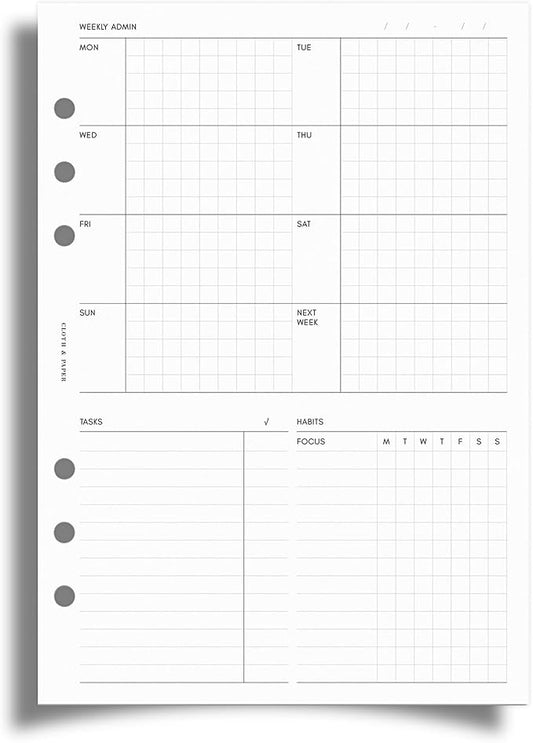 Cloth & Paper Weekly Admin Planner Inserts | A5 Size 5.8 x 8.3 Inches | 6 Ring Punch | Monday Start | Minimalist Weekly Agenda Refill | Task List & Habit Tracker Planner Pages for A5 Ring Binder