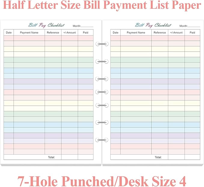 (2-Pack) Payment Checklist Refills Paper for Mini 3 or 7 Ring Binders - 50 Sheets/100 Pages Colorful Monthly Budget Forms, 7 Hole Punched/Desk Size 4, 100 gsm White Paper, 5.8" x 8.3"