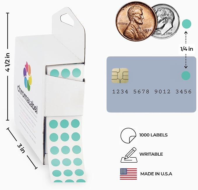 ChromaLabel 0.25 inch Aqua Sticky Color Coding Dot Stickers, Ideal for Pricing, Office Supplies, Teachers, Comes with Handy Dispenser - Great for Retail, Manufacturing, Recreation