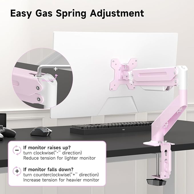 Suptek Monitor Mount Gas Spring Monitor Arm Desk Mount Fully Adjustable Fits 17 20 22 23 24 26 27 32 35 inch Monitors Weight Capacity up to 24.25 lbs, Pink