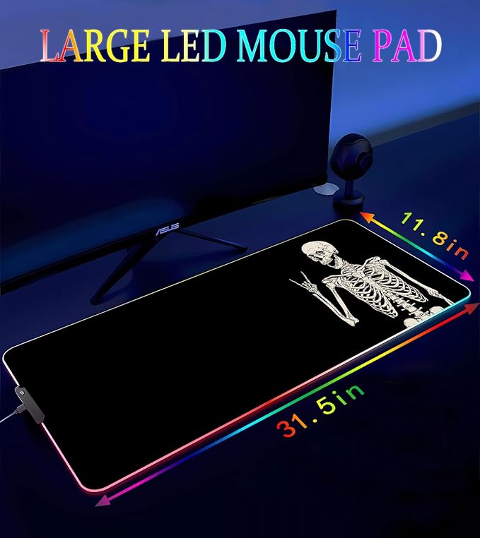 RGB Gaming Mouse Pad, Large Mousepad with Led Light, Big Keyboard Pad Gaming Accessories for Desk, Non-Slip Rubber Base Black Human Skeleton Mouse Mat for Gamer, 31.5 X 11.8 Inch