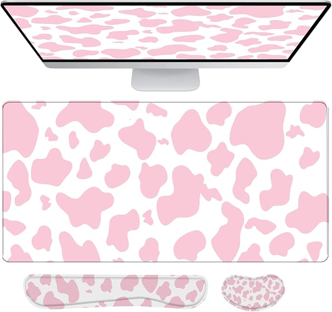 3Pcs Large Gaming Mouse Pad Desk Mat,Keyboard Mouse Wrist Rest Support Set,Extended Laptop Mouse Pad Memory Foam Non-Slip Base for Gamer Home Office(31.5x15.7in)-Pink Cow Pattern