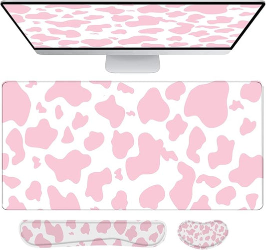 3Pcs Large Gaming Mouse Pad Desk Mat,Keyboard Mouse Wrist Rest Support Set,Extended Laptop Mouse Pad Memory Foam Non-Slip Base for Gamer Home Office(31.5x15.7in)-Pink Cow Pattern