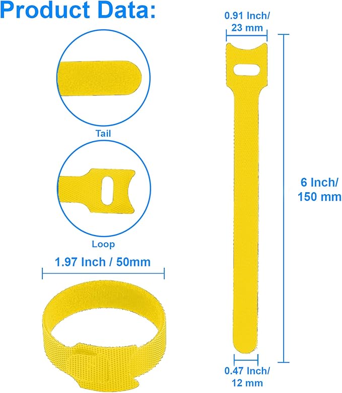 60 PCS 6 Inches Reusable Cable Ties, Adjustable Cord Straps, Cable Organizer, Cord Wrap and Hook Loop Cords Management -yellow