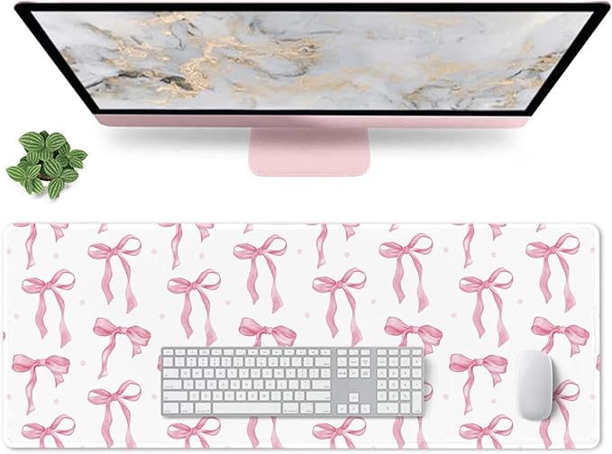 Pink and White Mouse Pad, Pink Desk Mat Bow Keyboard Mat Cute Computer Mat, Non-Slip Rubber Base Large Mousepad Laptop Pad, Kawaii Desktop Pad Office Accessories Decor for Girls 31.5 x 11.8in