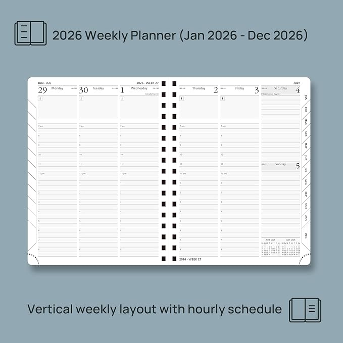 POPRUN 2026 Planner (Medium - 6.5'' x 8.5'') with Hourly Schedule & Vertical Layout - 2026 Weekly Calendar (Jan. 2026 - Dec.2026) for Time Management, Monthly Tabs, Spiral Bound, Soft Cover - Burgundy Red