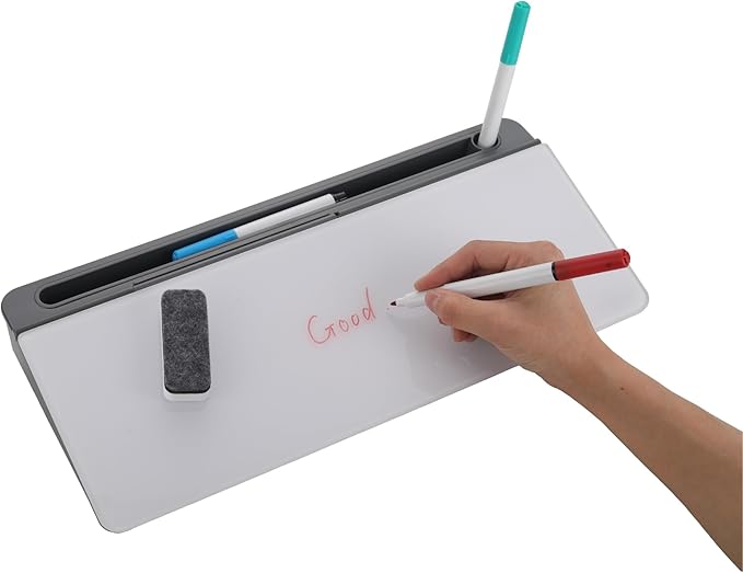 IRSTBL - Glass Desktop Whiteboard with Storage – Includes 4 Dry Erase Markers & Eraser – Slanted Writing Surface for Office, Desk, Home, School, Classroom Use