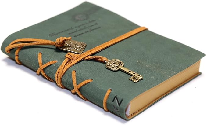 EvZ Leather Writing Journal Notebook, Classic Key Bound Retro Vintage Notebook Diary Sketchbook Gifts with Unlined Travel Journals to Write in for Girls and Boys Notepad Guest Book, Dark Green