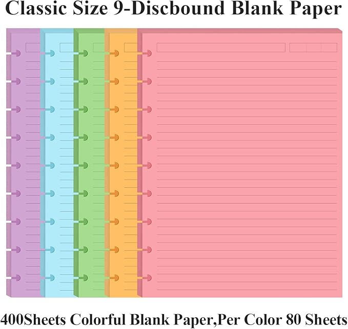 (4-Pack) 9-Disc Discbound 5 Colorful Line Paper Pre-punched Happy Planners Inserts, 400Sheets/800Pages Classic Size Line Loose-Leaf Paper, Per Color 80 Sheets, 7" x 9.25"
