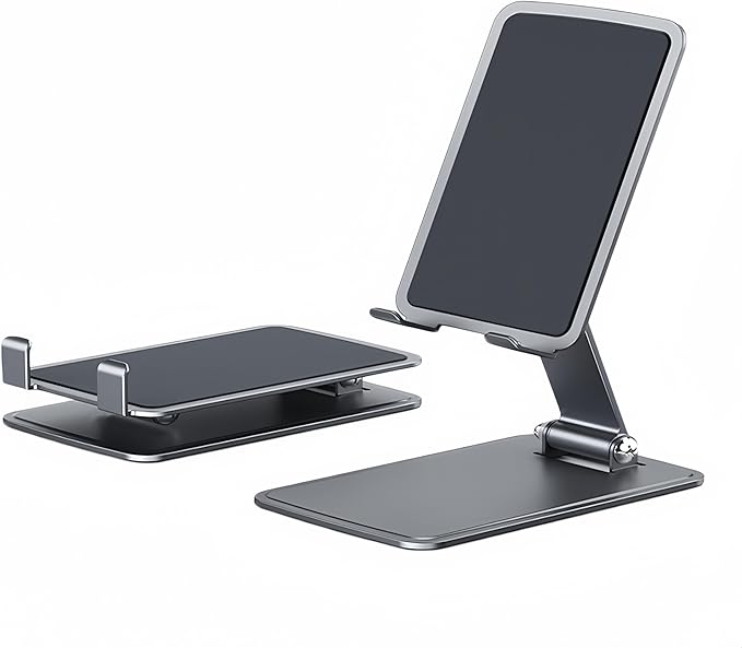 Foldable & Height Adjustable Phone Stand for Desk, Carbon Steel Stable Cell Phone Holder, Universal for iPhone/iPad/Tablets, Portable Pocket-Sized Stand for Home Office Kitchen - Gray