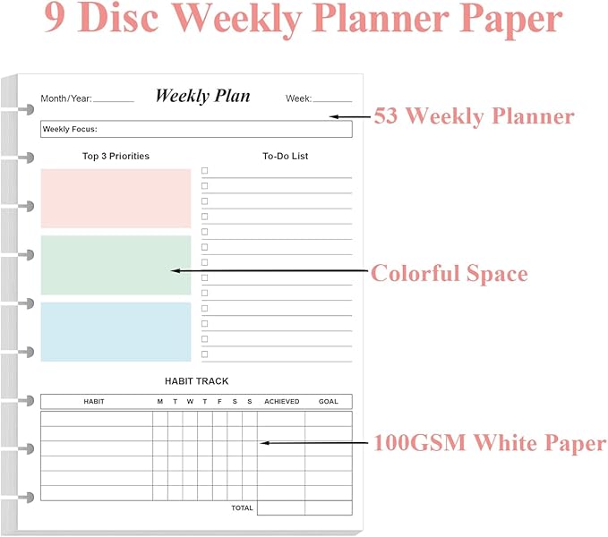9 Disc Weekly Planner Undated Refills - Classic Size 53 Sheets/106 Pages Colorful Weekly Planner for Happy Planners Insert, 100 gsm White Paper, Lasts 1 Year, Undated, 7" x 9.25"
