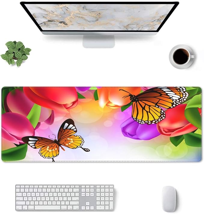 Tulip Flowers and Butterfly Large Mouse Pad with Stitched Edges Long Non-Slip Rubber Base Mousepad Laptop Keyboard Mat Desk Pad for Office Home Desk Decor, 31.5" X 11.8"