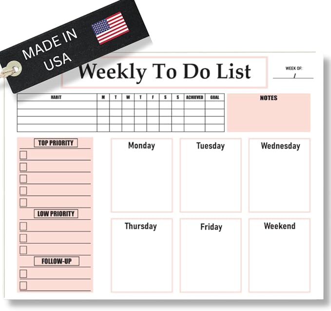 Undated Weekly Planner Notepad - Calendar with Habit Tracker, ADHD Planner for Adults, Weekly To Do List Notepad, 50 Tear-Off 8.5" x 11" Sheets, Extra Thick Backing